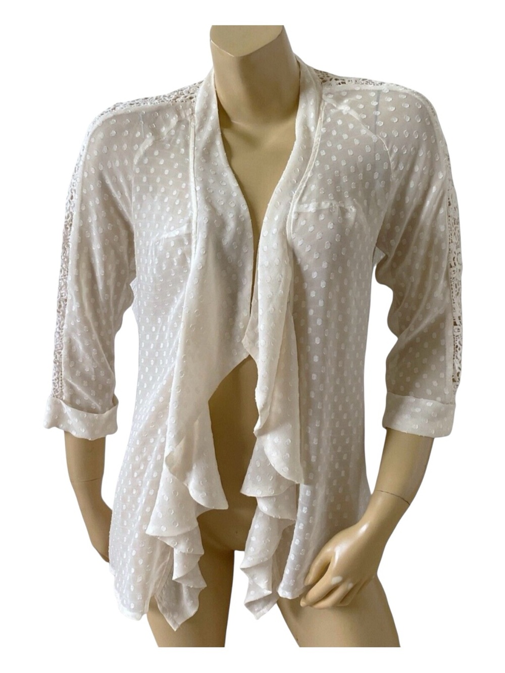 Daniel Rainn Top Womens S Cream Sheer Drape Open Front Crochet Lace 3/4 Sleeve